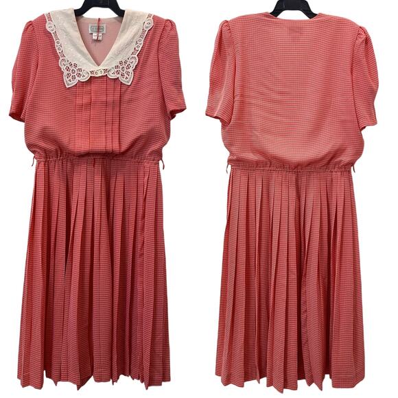 80s 90s Red & White Gingham Midi Dress | Pleated Skirt | Irish Linen Collar - Picture 2 of 10